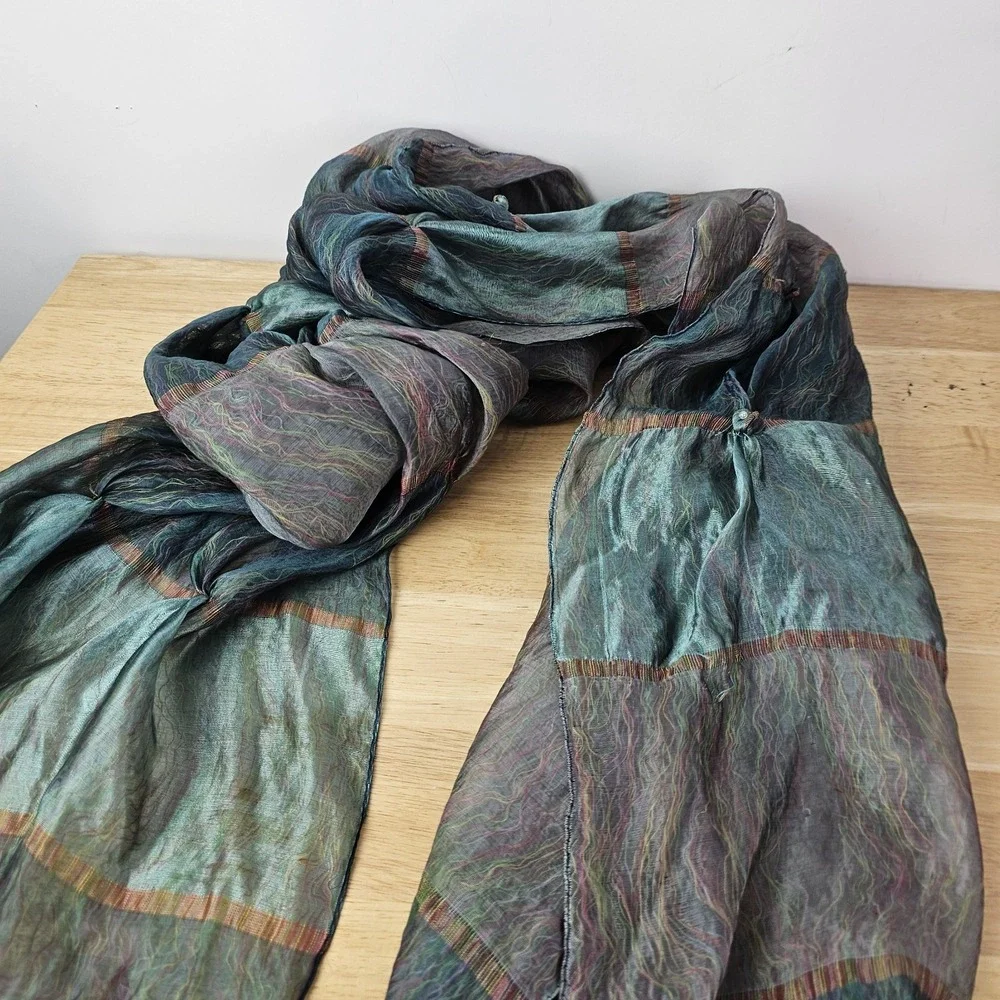 Green Shawl Scarf Lagenlook Festival Boho Artsy Art to Wear Irridescent Sheer‎